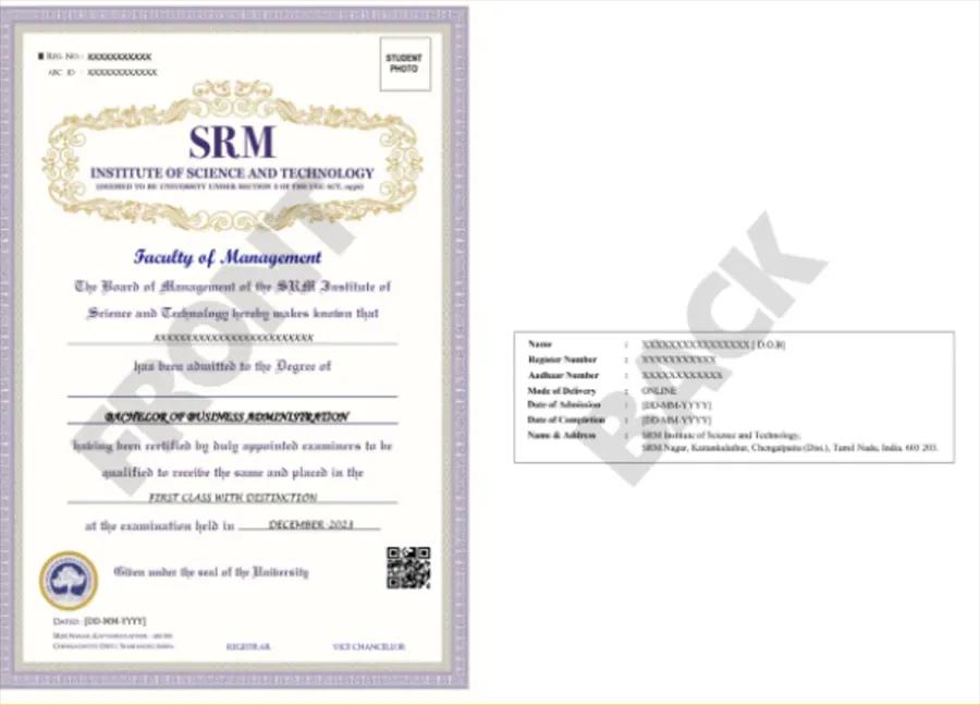 SRM Online BBA Degree Sample Image