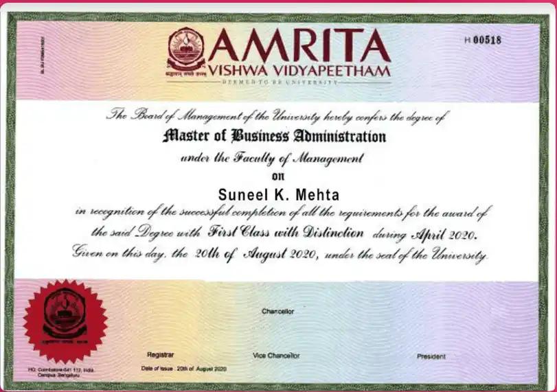 amrita online mba certificate