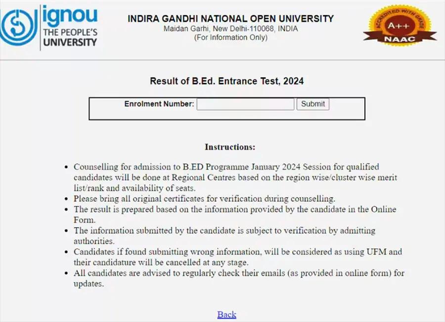 IGNOU BEd Result Login Window