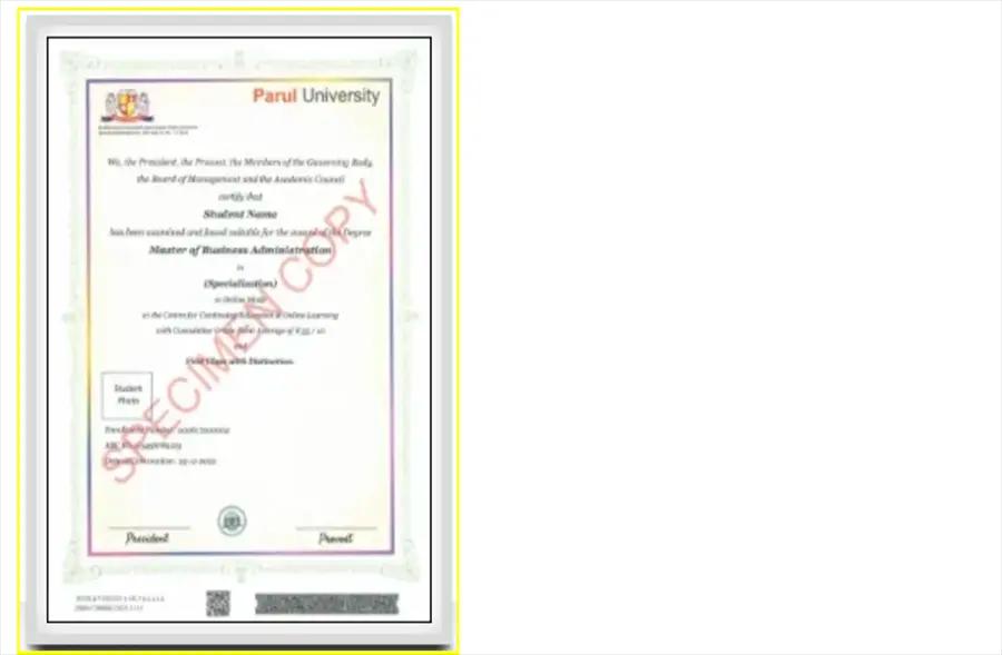 Parul University Online MBA Sample Degree