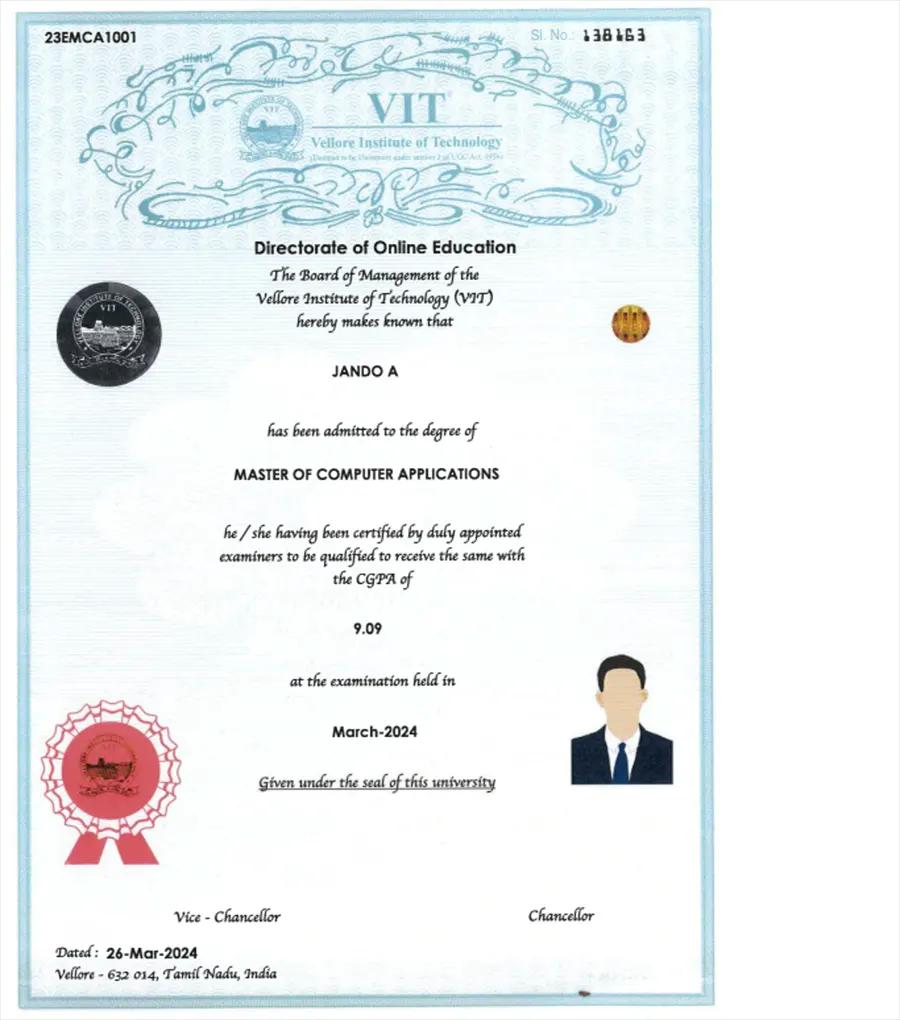 VIT Online MCA Sample Certificate