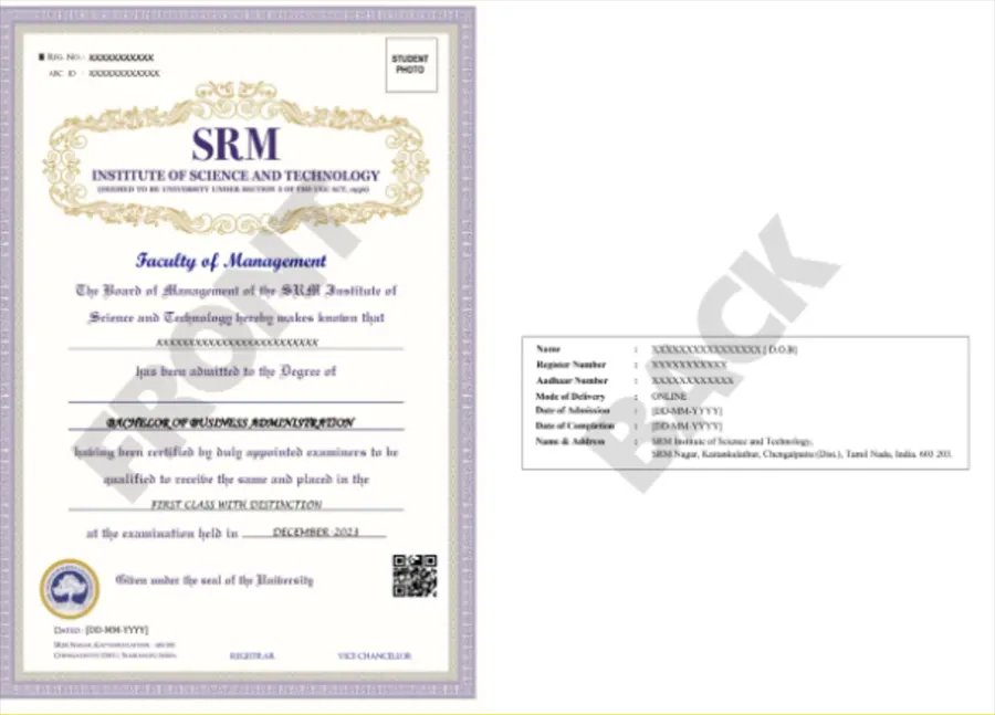 SRM Online BBA Degree Sample Image