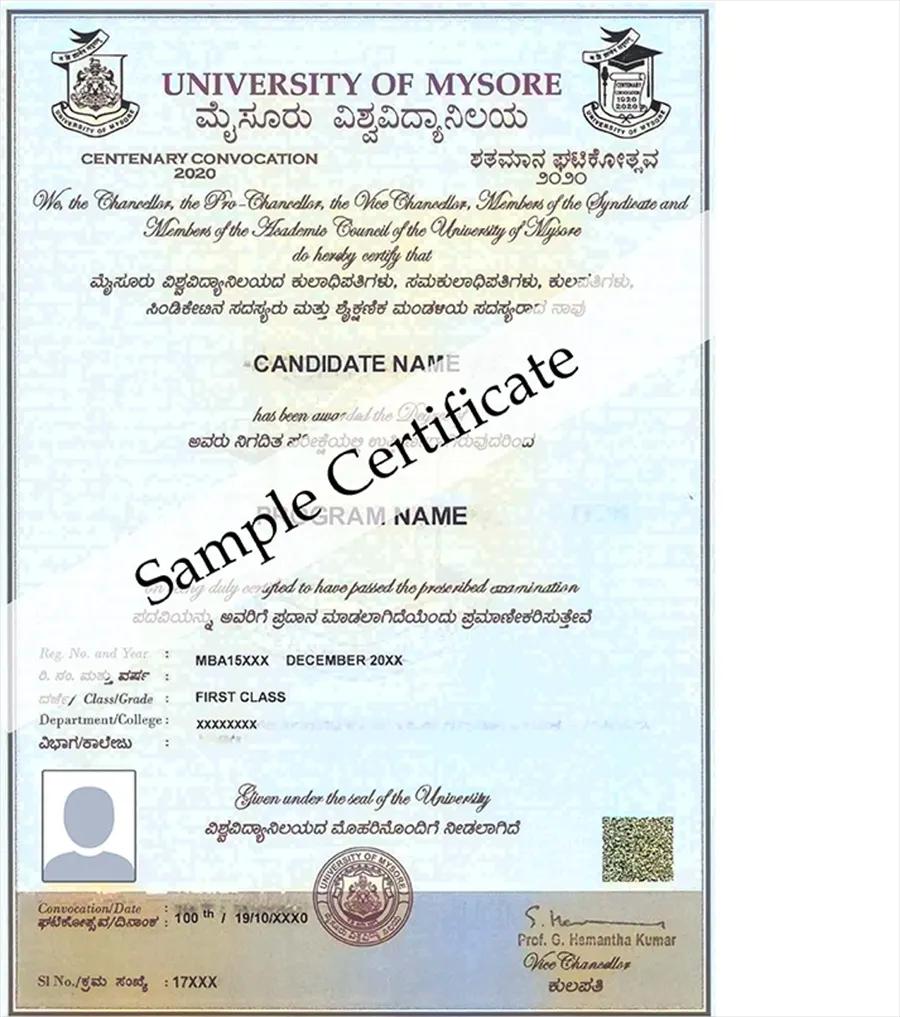 University of Mysore Online MBA Sample Certificate